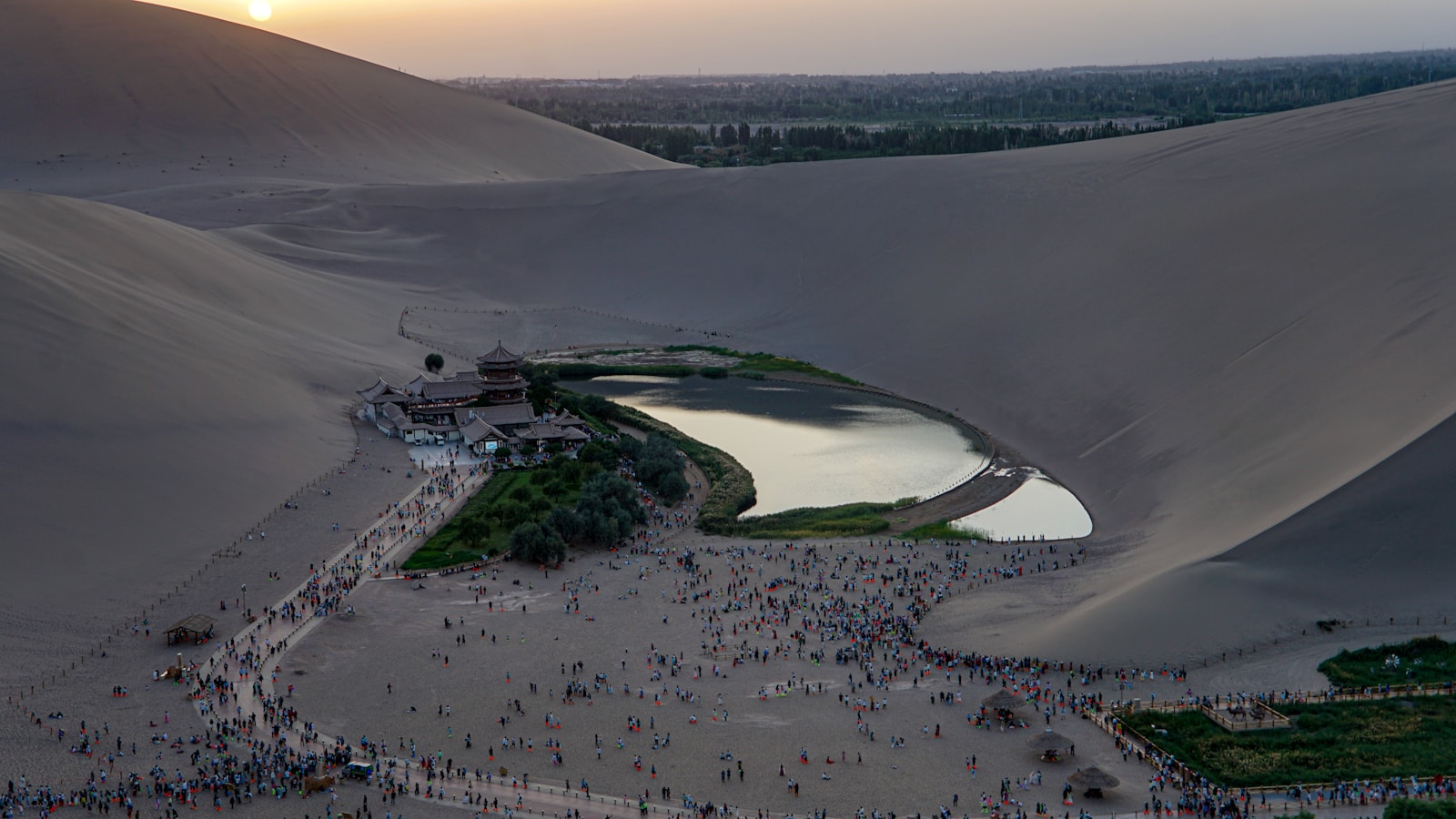 Crescent Lake and desert dunes in Dunhuang